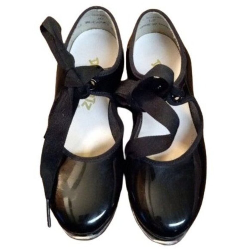 Danshuz 10M Black Tap Dance Shoes Size Shiny Patent Leather Ribbon Ties
